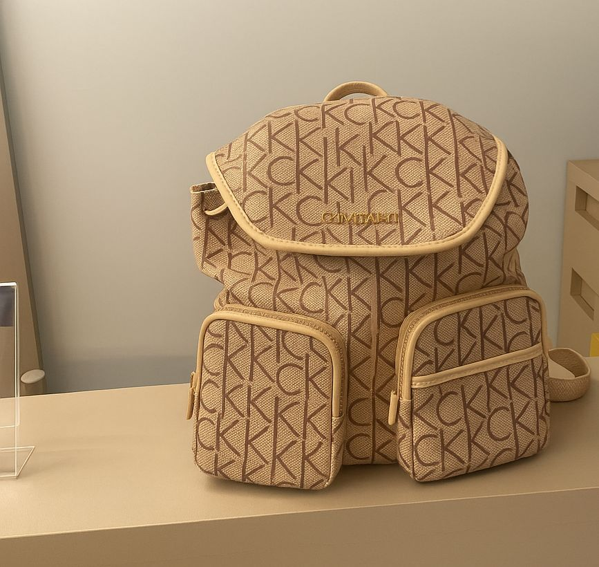 Mochila Calvin Klein Monograma Bege - Ícone Urbano - Larga Roupas